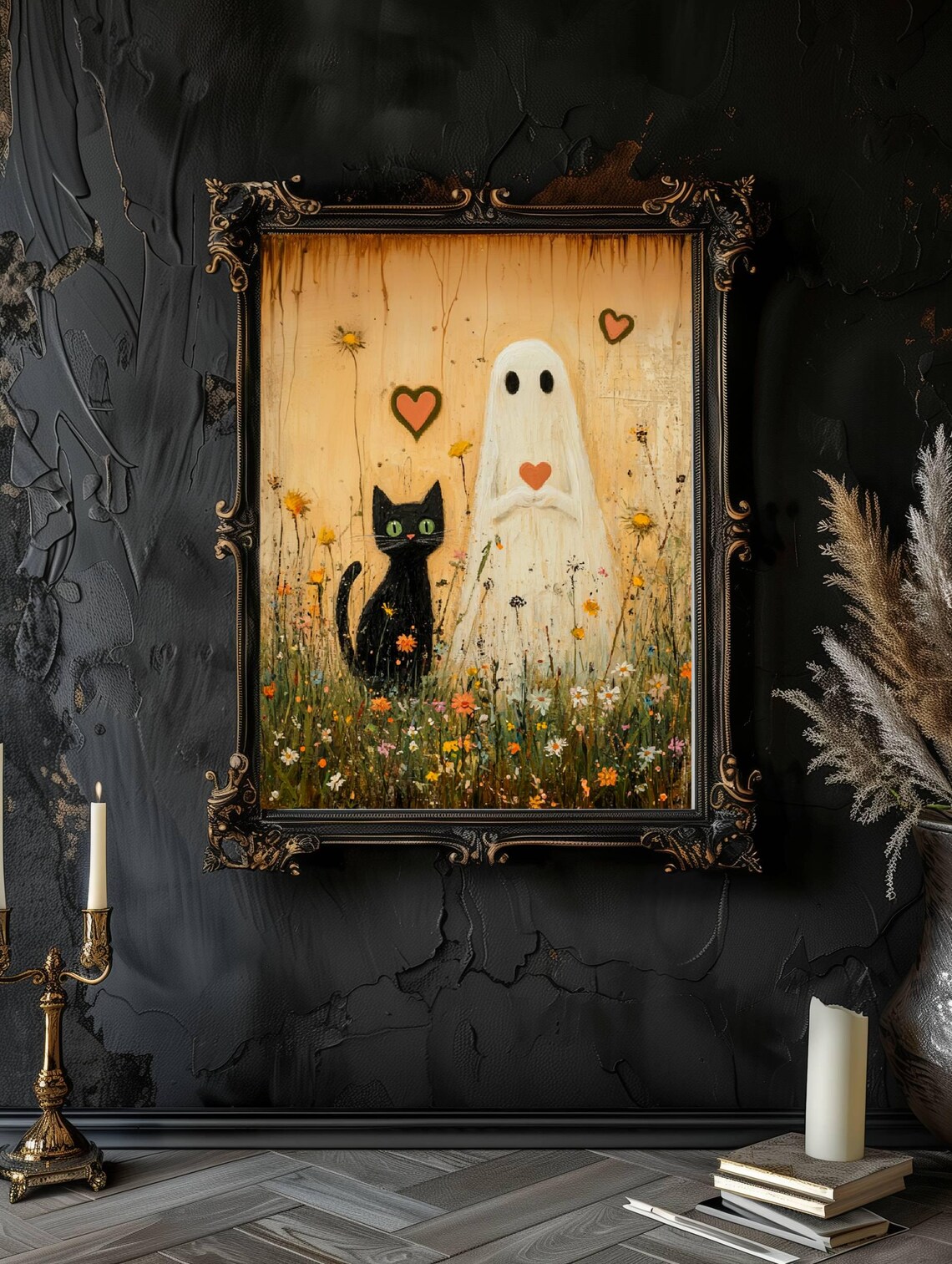 Gentle Ghost Holding a Heart Beside a Black Cat in a Golden Meadow Poster - Image 2