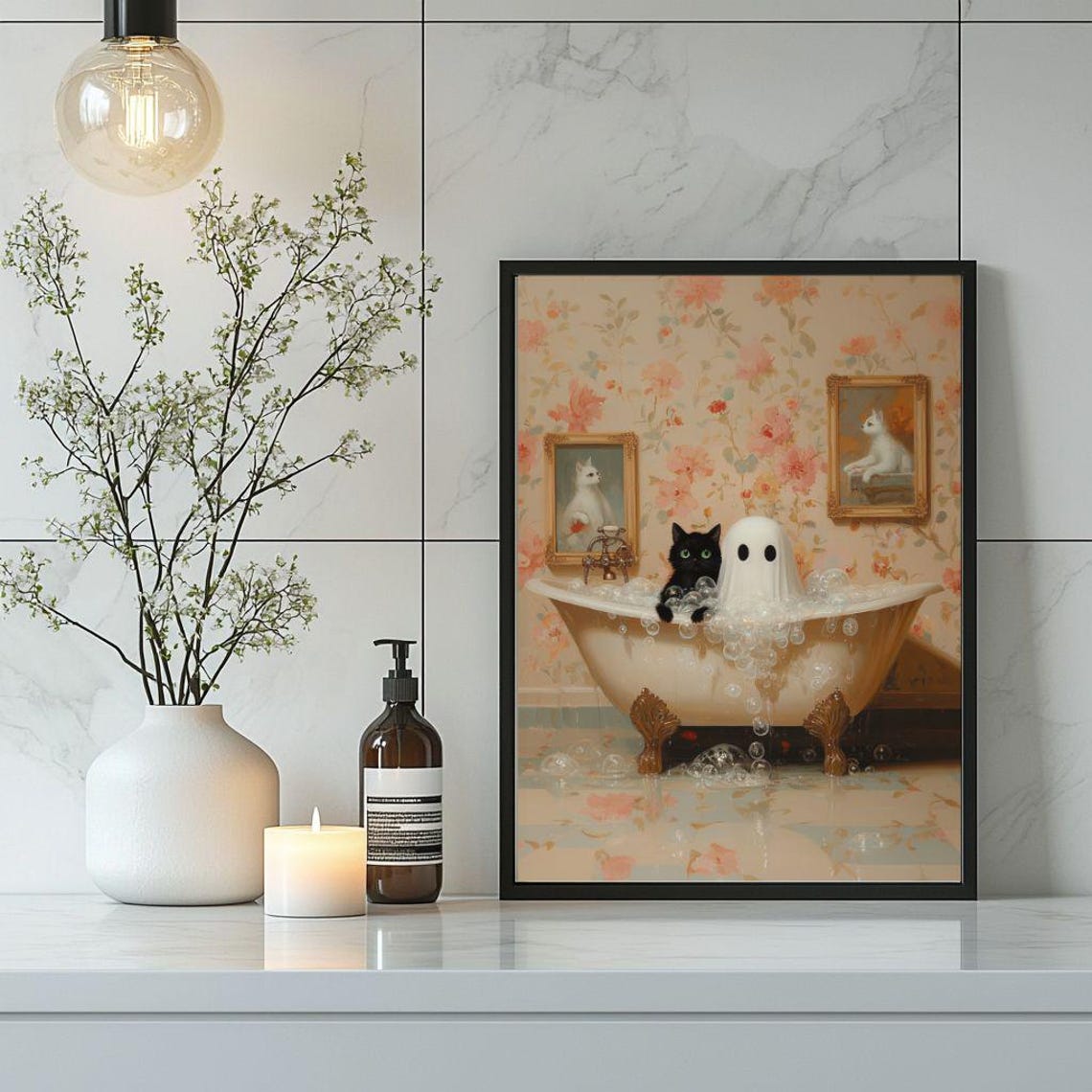 Ghost and Black Cat in an Overflowing Bubble Bath Vintage Poster - Image 2