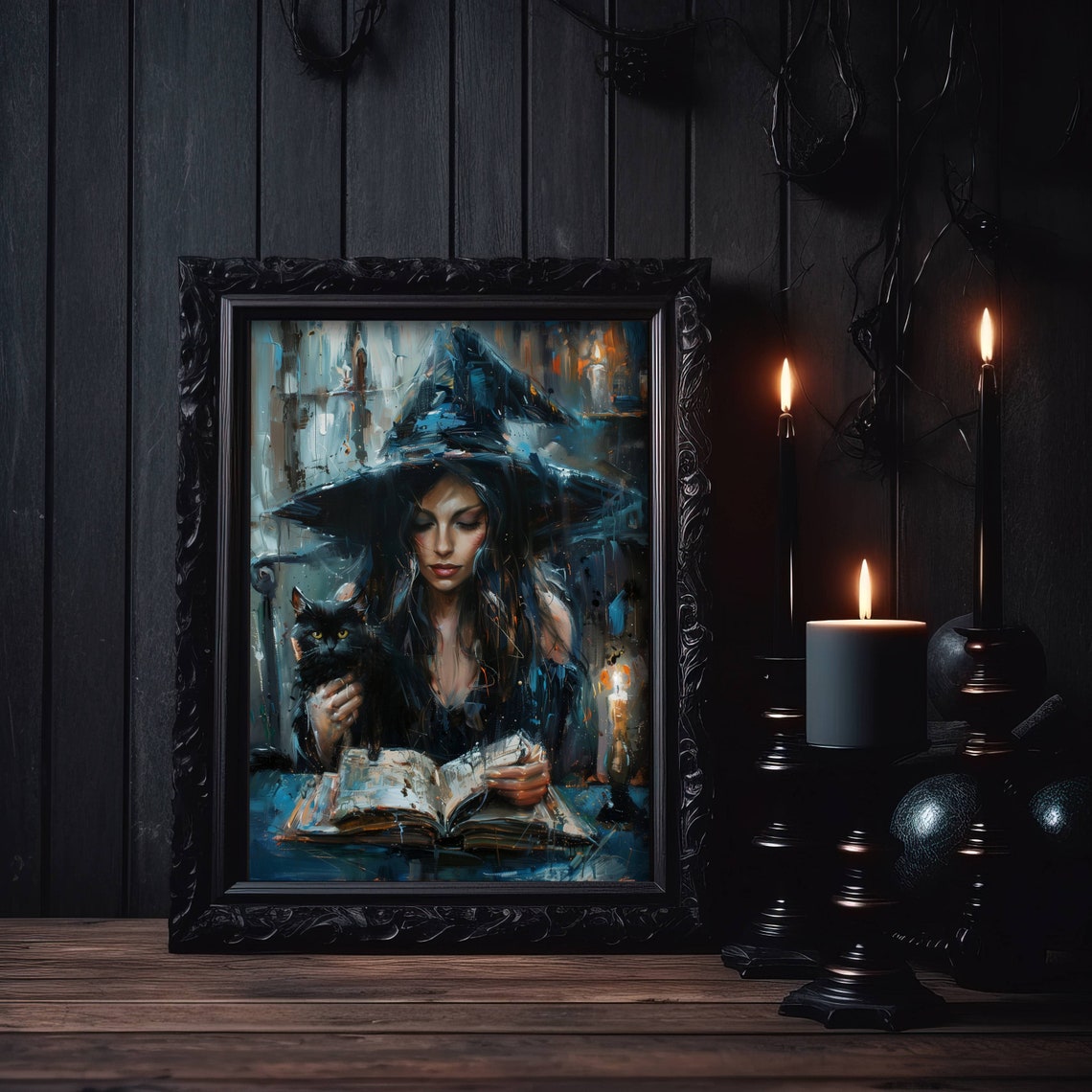 Witch Reading A Spellbook By Candlelight With Black Cat Poster - Image 7