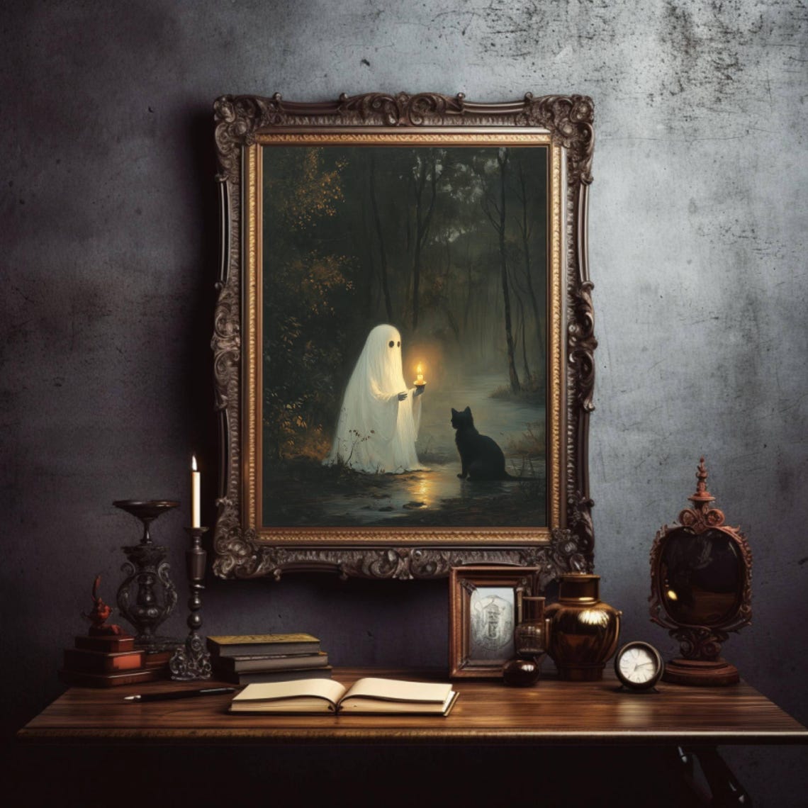 Ghost Holding A Candle In A Dark Forest Beside A Black Cat Poster - Image 2