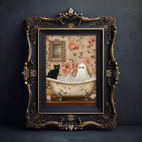 Ghost and Cat in Bathtub, Bathroom Poster