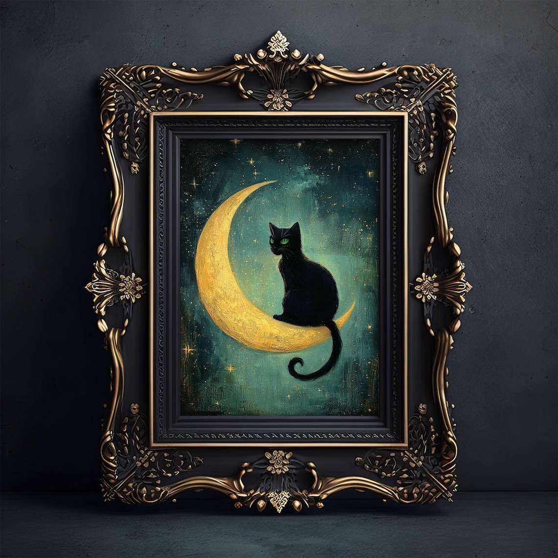 Black Cat On Crescent Moon, Whimsigoth Art Print
