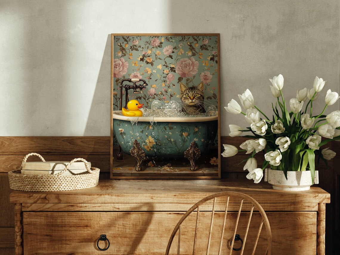 Gray Tabby Cat With Rubber Duck Bathroom Art Print - Image 7
