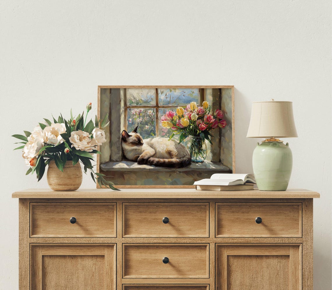 Sleeping Siamese Cat on a Windowsill Beside Tulips Spring Poster - Image 3
