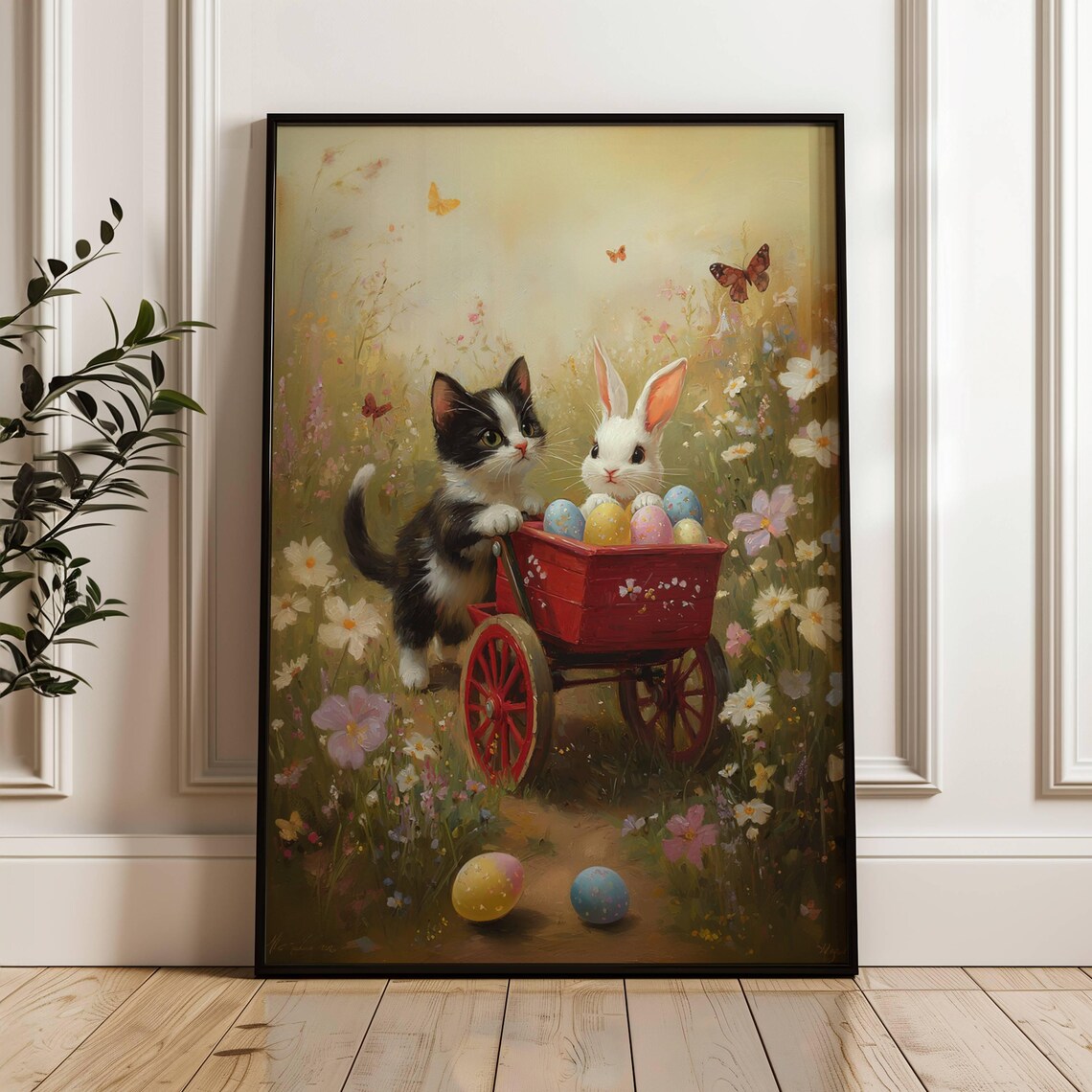 Tuxedo Kitten and Bunny in Wagon Easter Art Print