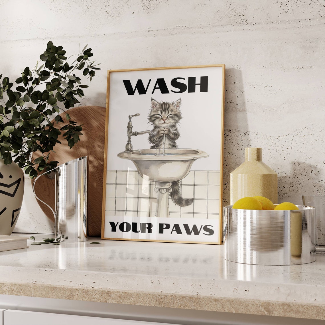 Cute Kitten Washing Its Paws 'Wash Your Paws' Bathroom Humor Poster - Image 4