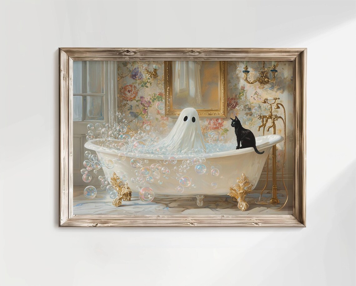 Ghost And Cat In Bathtub Spooky Cute Halloween Poster - Image 2