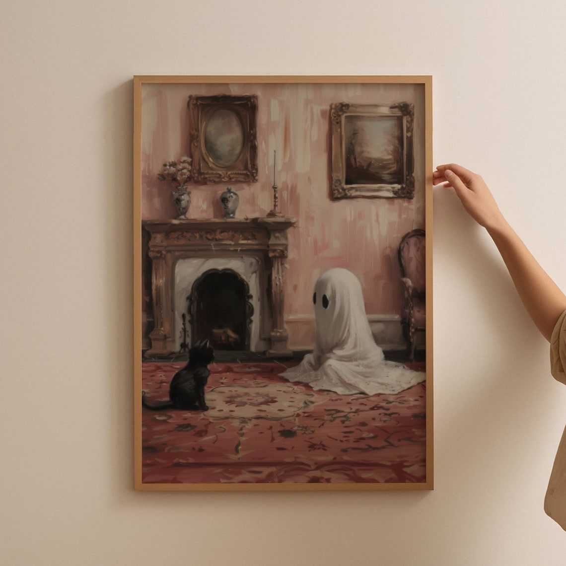 Cute Ghost And Black Cat Meeting In A Victorian Parlor Art Poster - Image 3
