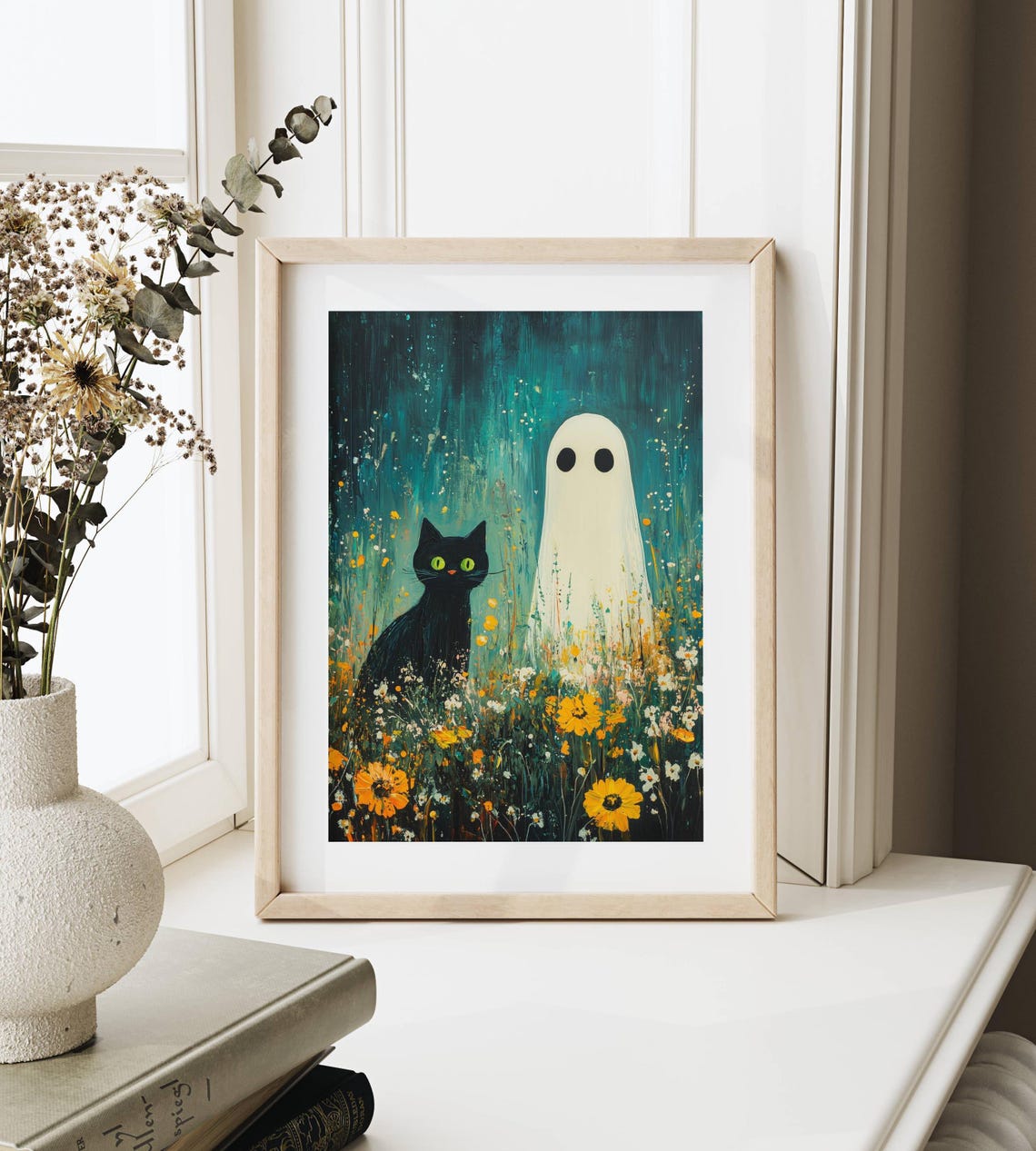 Black Cat and Ghost in Wildflowers Under a Starry Teal Sky Poster - Image 5