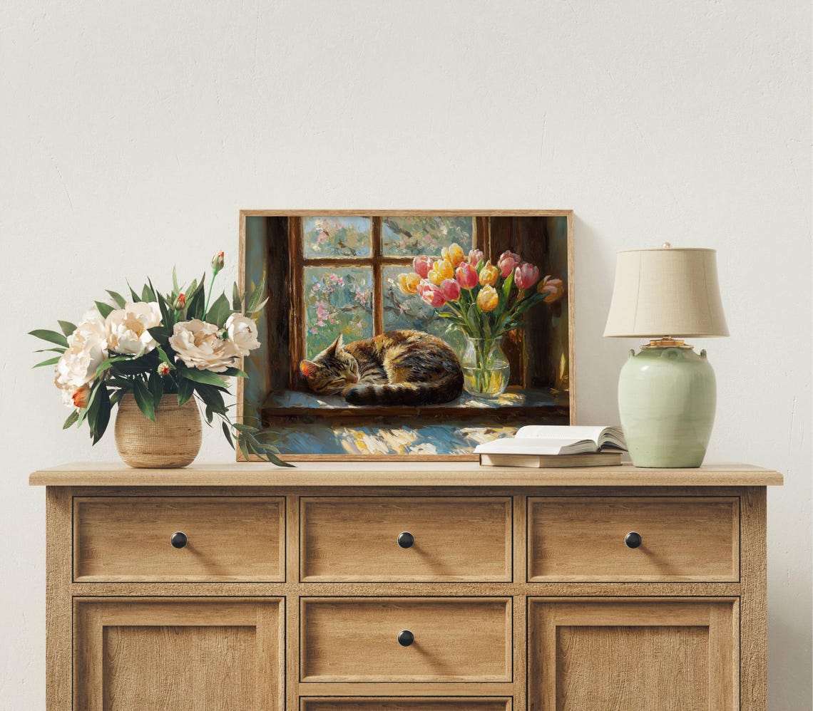 Sleeping Tabby Cat by Sunny Tulip Window Spring Impressionist Poster - Image 4