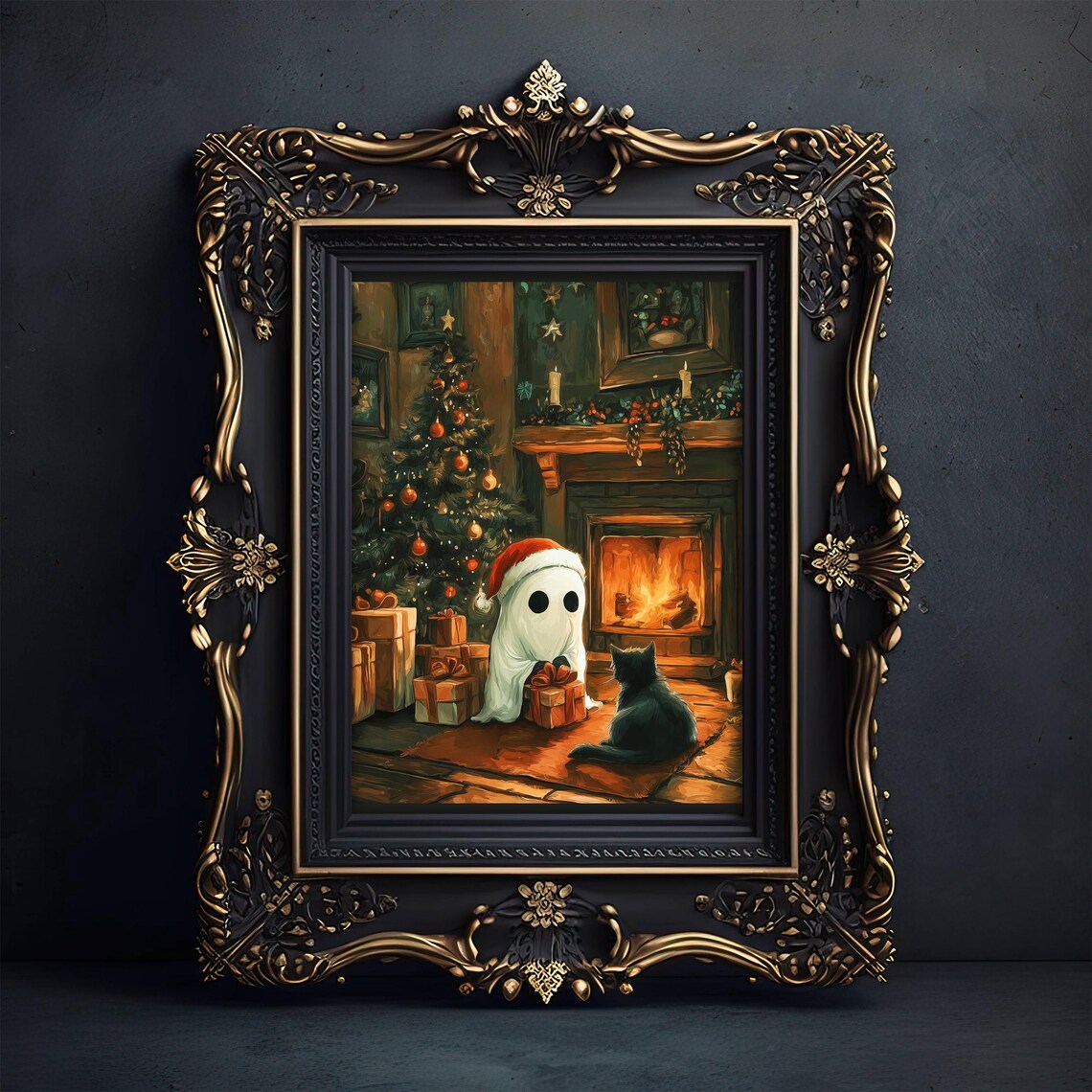 Ghost and Black Cat Christmas Poster, Spooky Holiday Art - Image 5