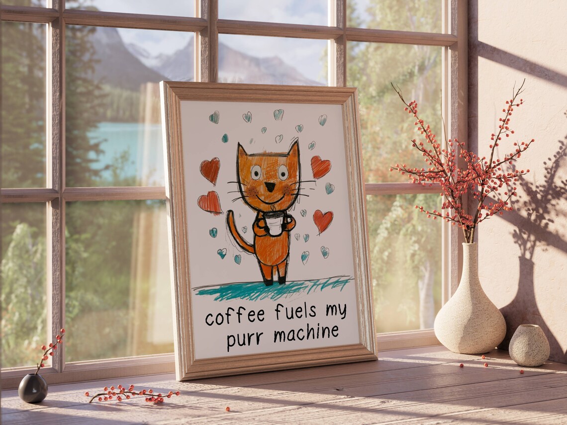 Ginger Cat Holding Coffee 'Coffee Fuels My Purr Machine' Cartoon Poster - Image 4