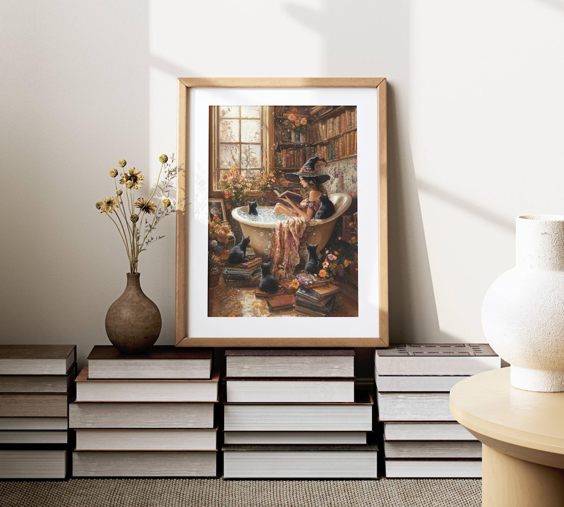 Witch Reading in Bathtub With Black Cats Print - Image 6
