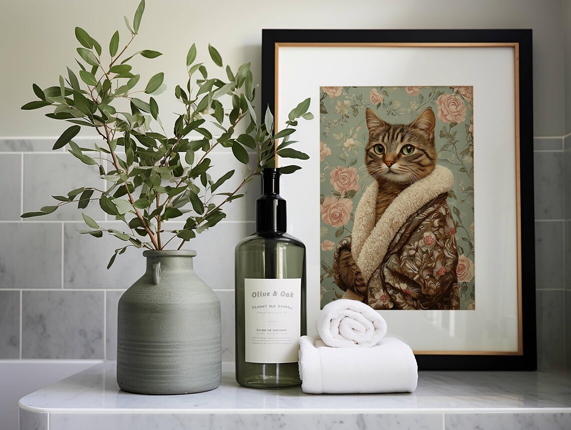 Brown Tabby Cat in Bathrobe Poster, Bathroom Decor - Image 3