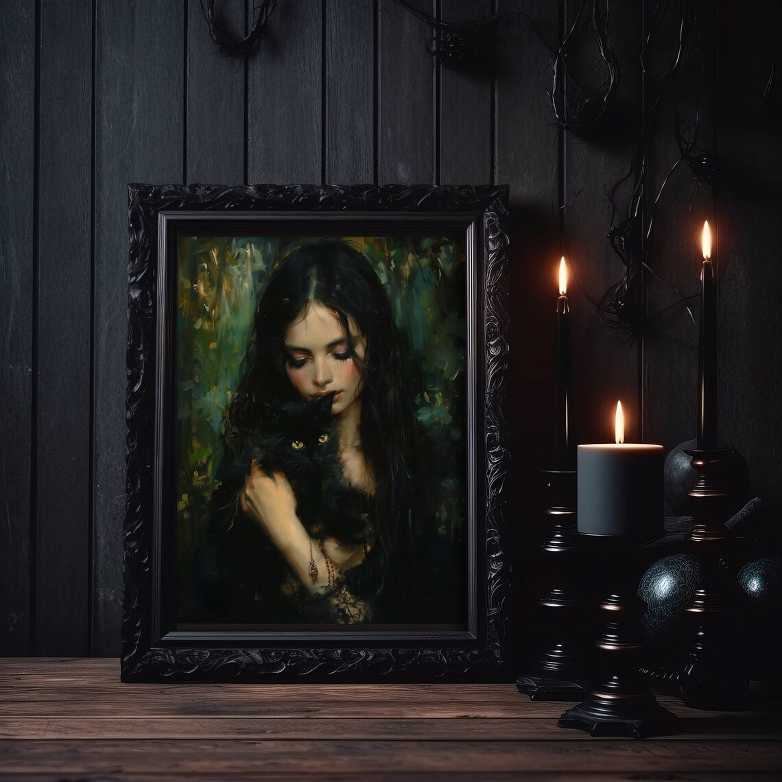 Girl Nuzzling A Black Cat In A Moody Green Forest Oil Art Poster - Image 6