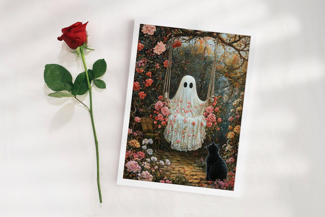 Ghost on Garden Swing and Black Cat, Whimsigoth Art Print - Image 5
