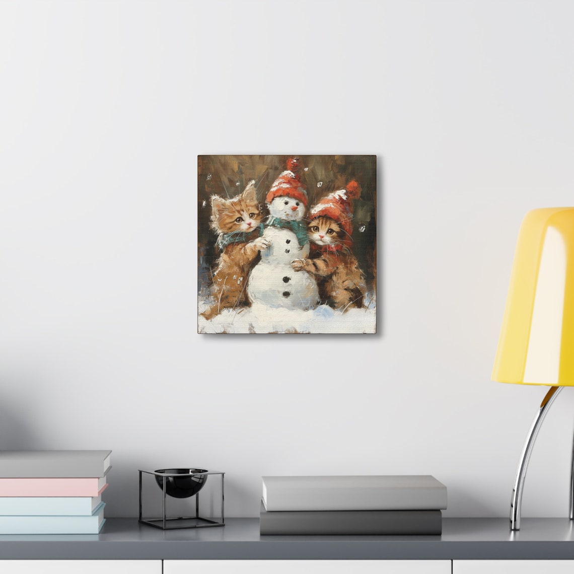 Two Kittens Hugging Snowman Winter Oil Painting Cat Art Poster - Image 4