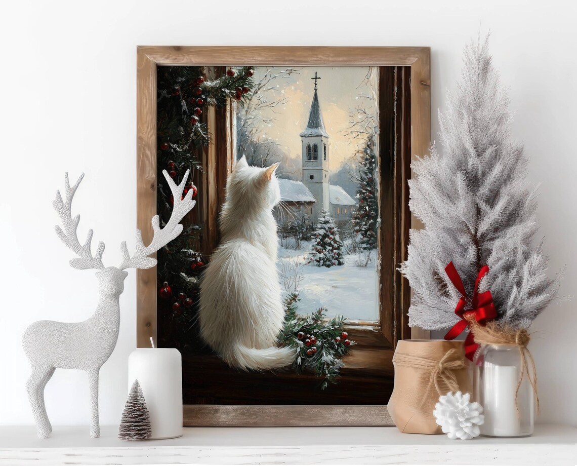 White Cat Farmhouse Christmas Poster, Rustic Holiday - Image 3