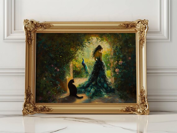 Woman in Peacock Dress Garden with Black Cat Impressionist Poster