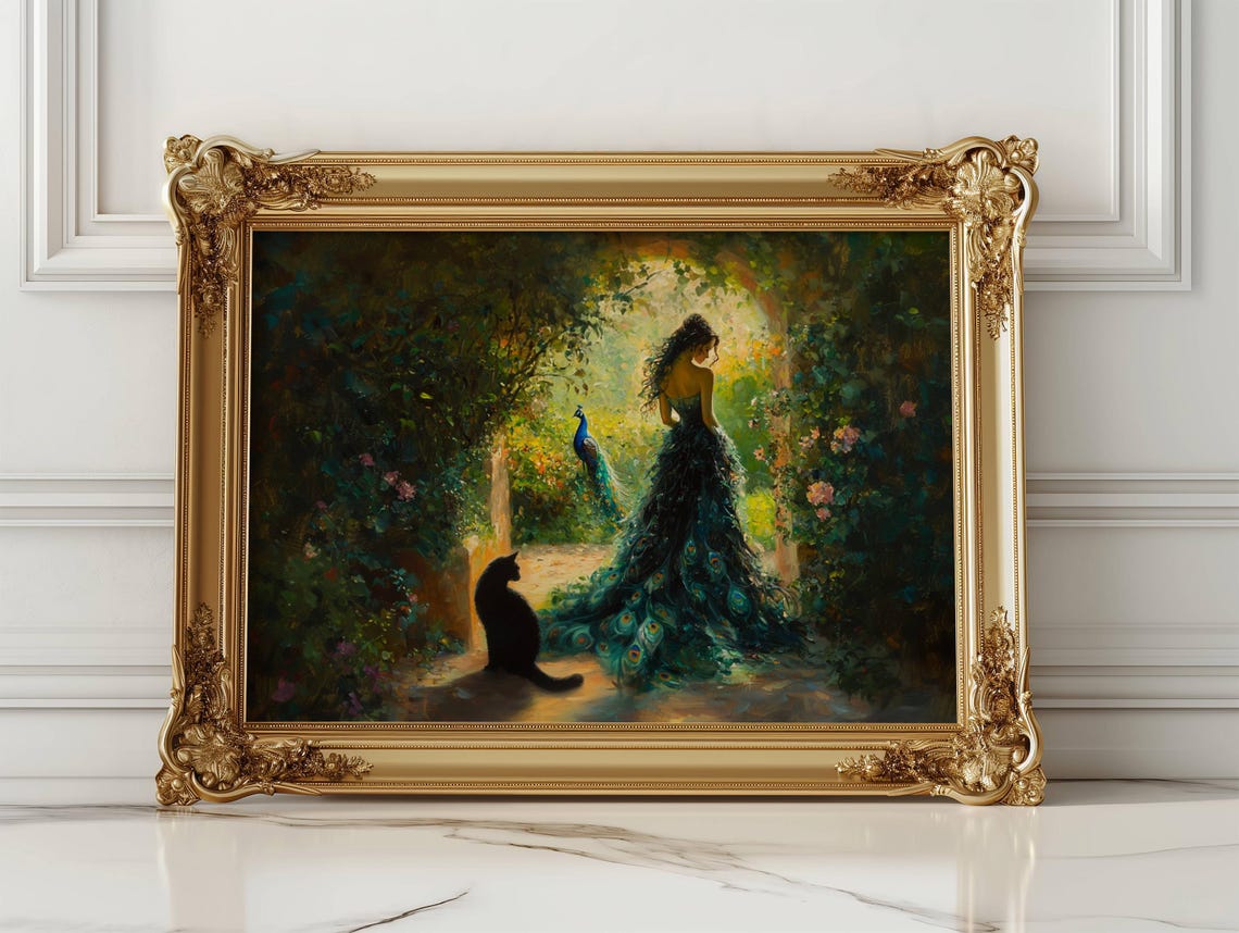 Woman in Peacock Dress Garden with Black Cat Impressionist Poster