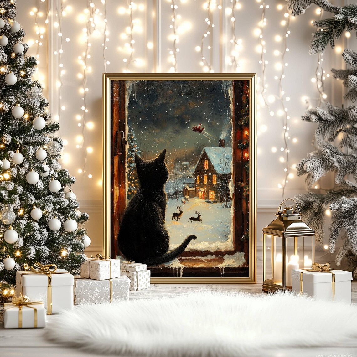Black Cat Watching Santa Claus Christmas Poster - Image 7
