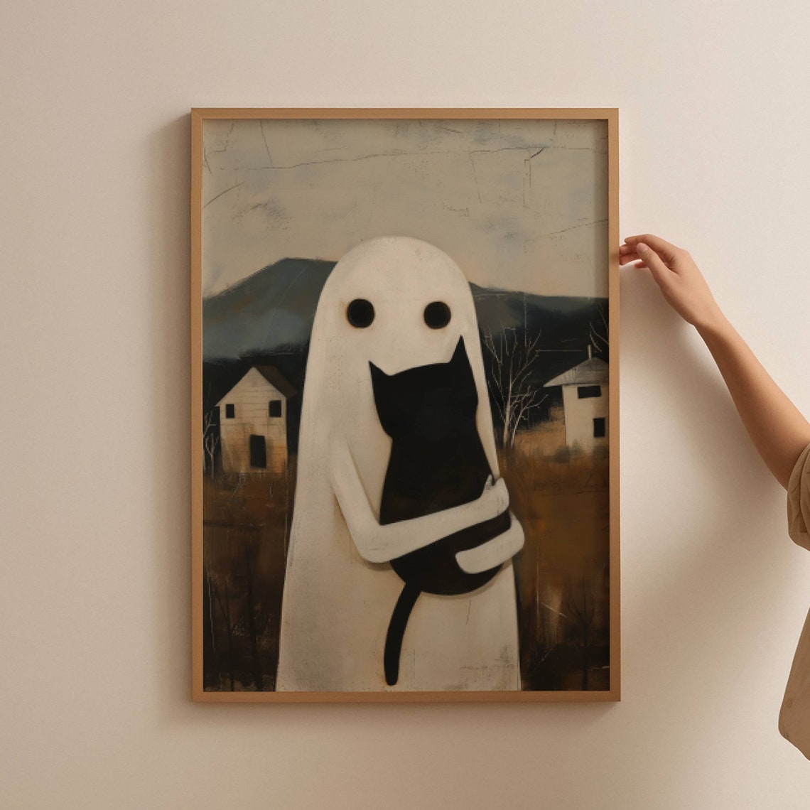 A Friendly Ghost Hugging A Black Cat In A Country Folk Art Poster - Image 3