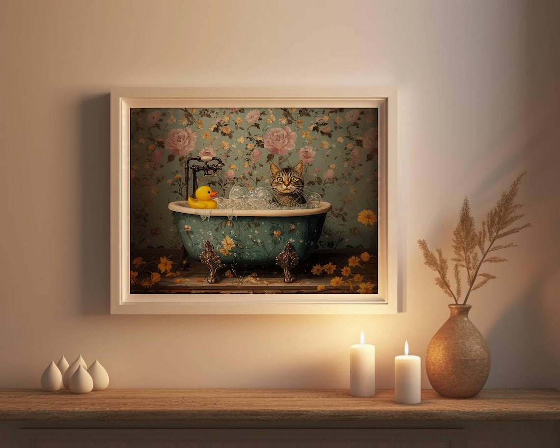 Gray Tabby Cat With Rubber Duck, Bathroom Art Print - Image 4