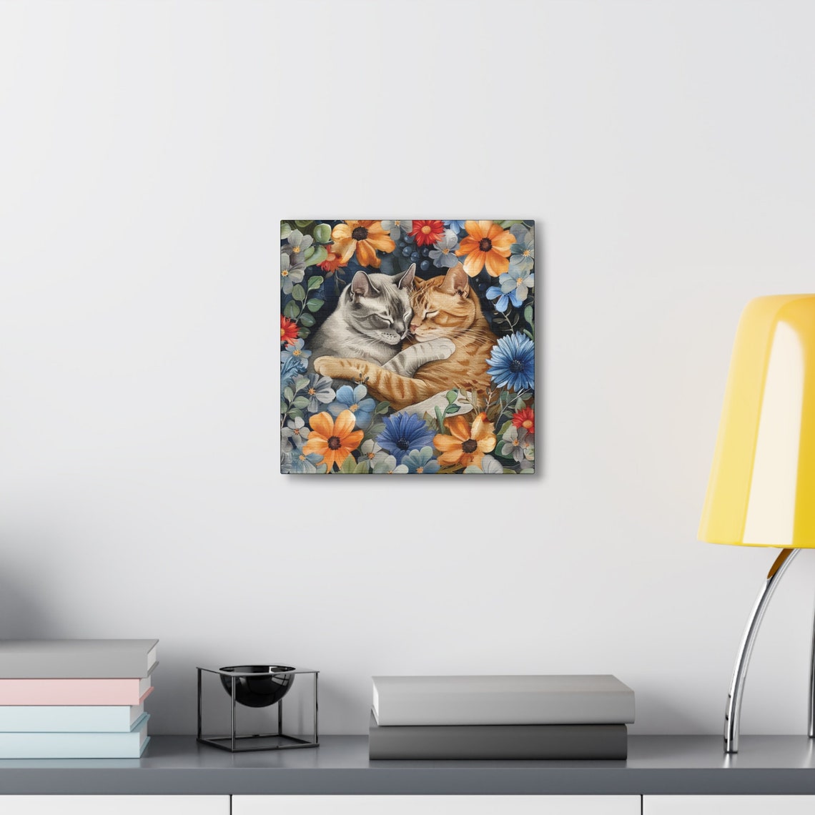 Two Cuddling Cats Surrounded by Blue and Orange Flowers Poster - Image 5
