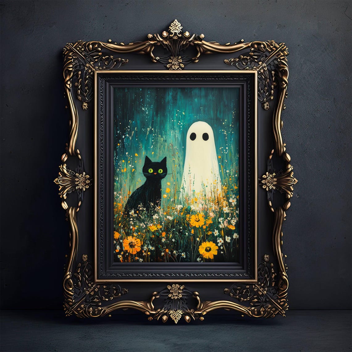 Black Cat and Ghost in Wildflowers Under a Starry Teal Sky Poster - Image 7