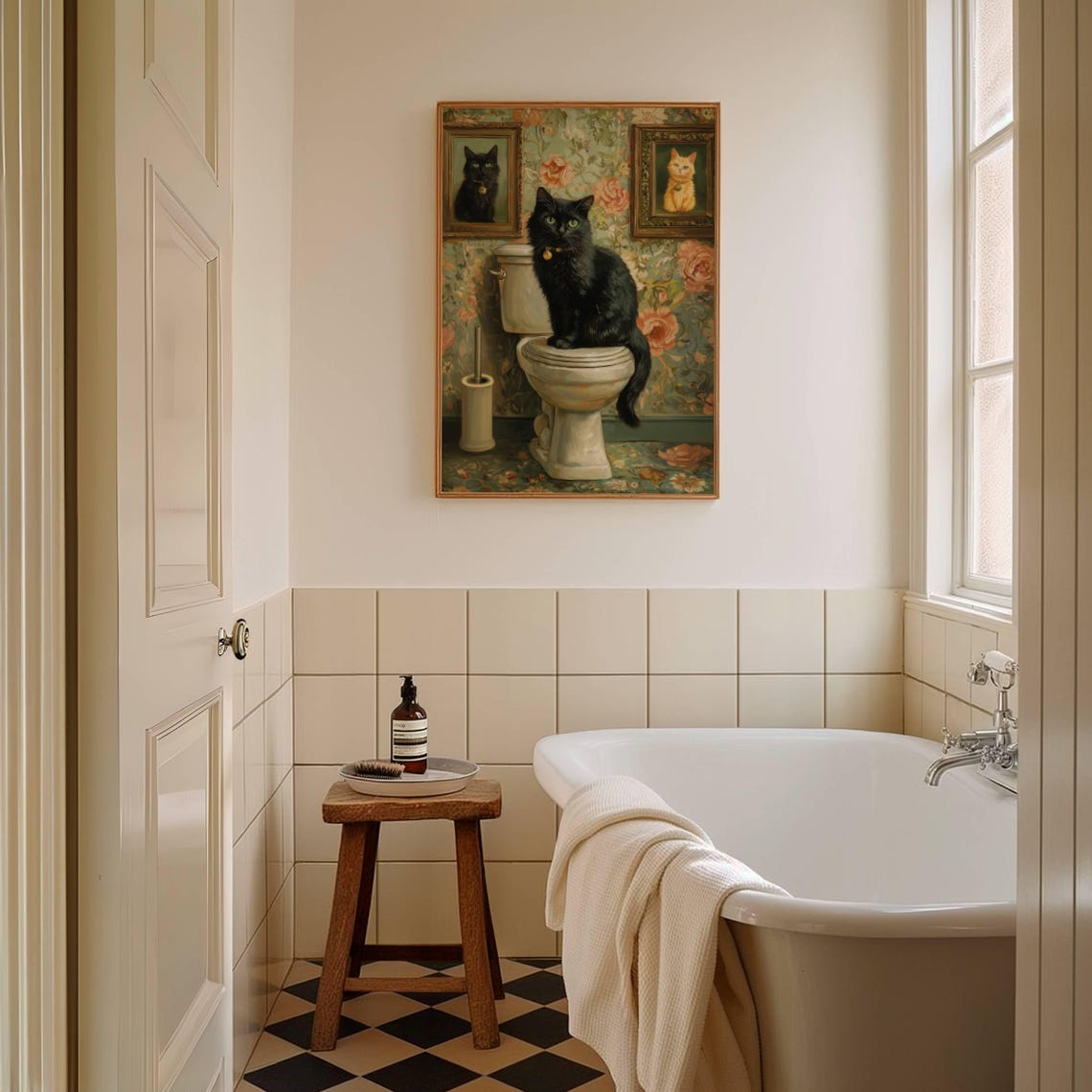 Black Cat Sitting on a Toilet in a Vintage Floral Bathroom Poster - Image 3