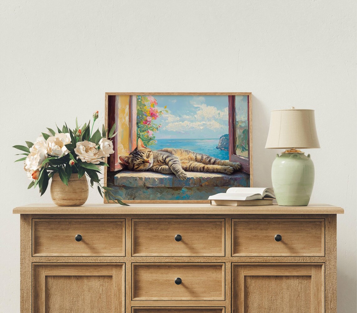 Tabby Cat on Villa Windowsill, Italian Art Print - Image 3