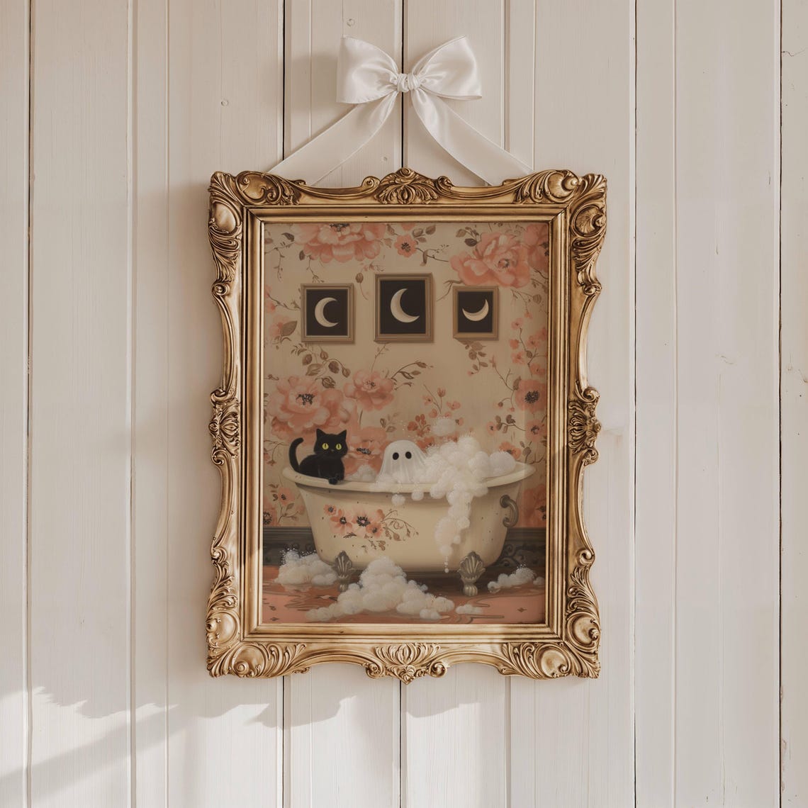 Cute Ghost and Black Cat Sharing a Floral Bubble Bath Halloween Poster - Image 7