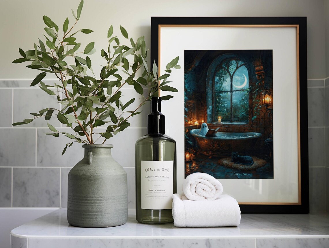Little Ghost Reading a Book in a Candlelit Bathtub on a Moonlit Night Poster - Image 6