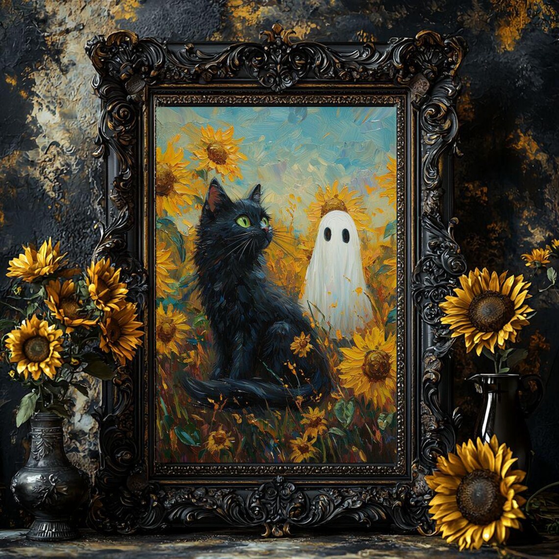 Black Cat and Ghost Standing in a Bright Sunflower Field Poster - Image 6