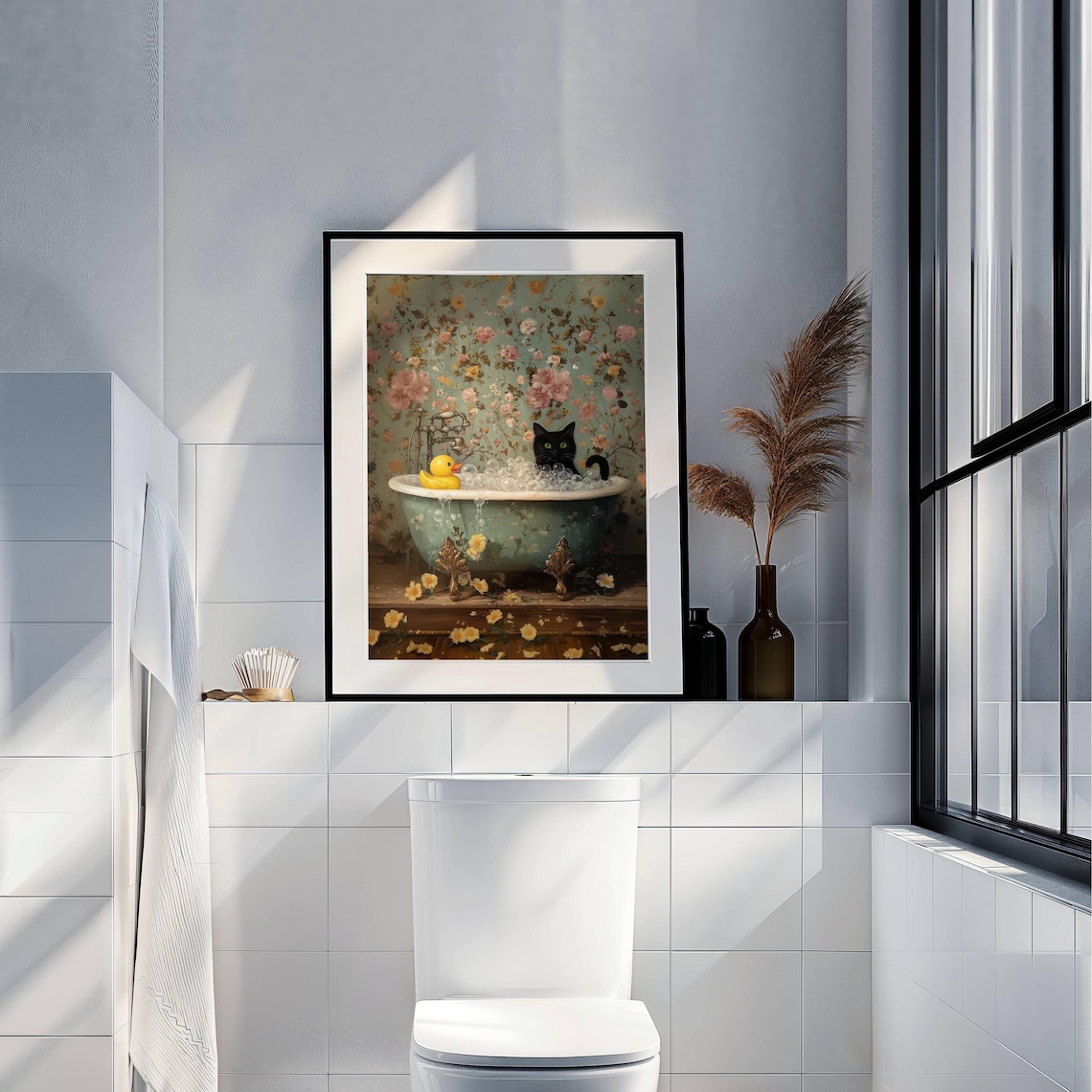 Black Cat and Rubber Duck Bubble Bath Cat Art Print - Image 6