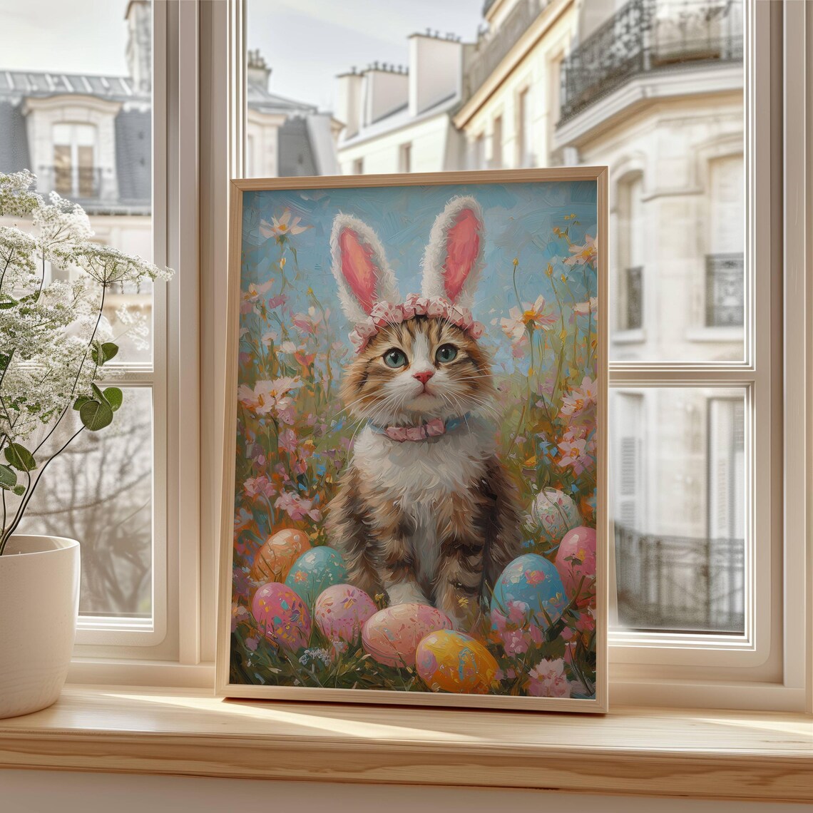 Cat With Bunny Ears Easter Floral Cat Art Print - Image 3