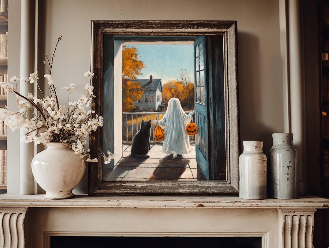 Ghost and Black Cat Trick or Treating on a Porch Halloween Poster - Image 5