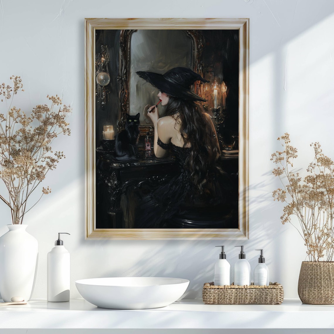 Witch Applying Lipstick, Gothic Bathroom Art Print - Image 2