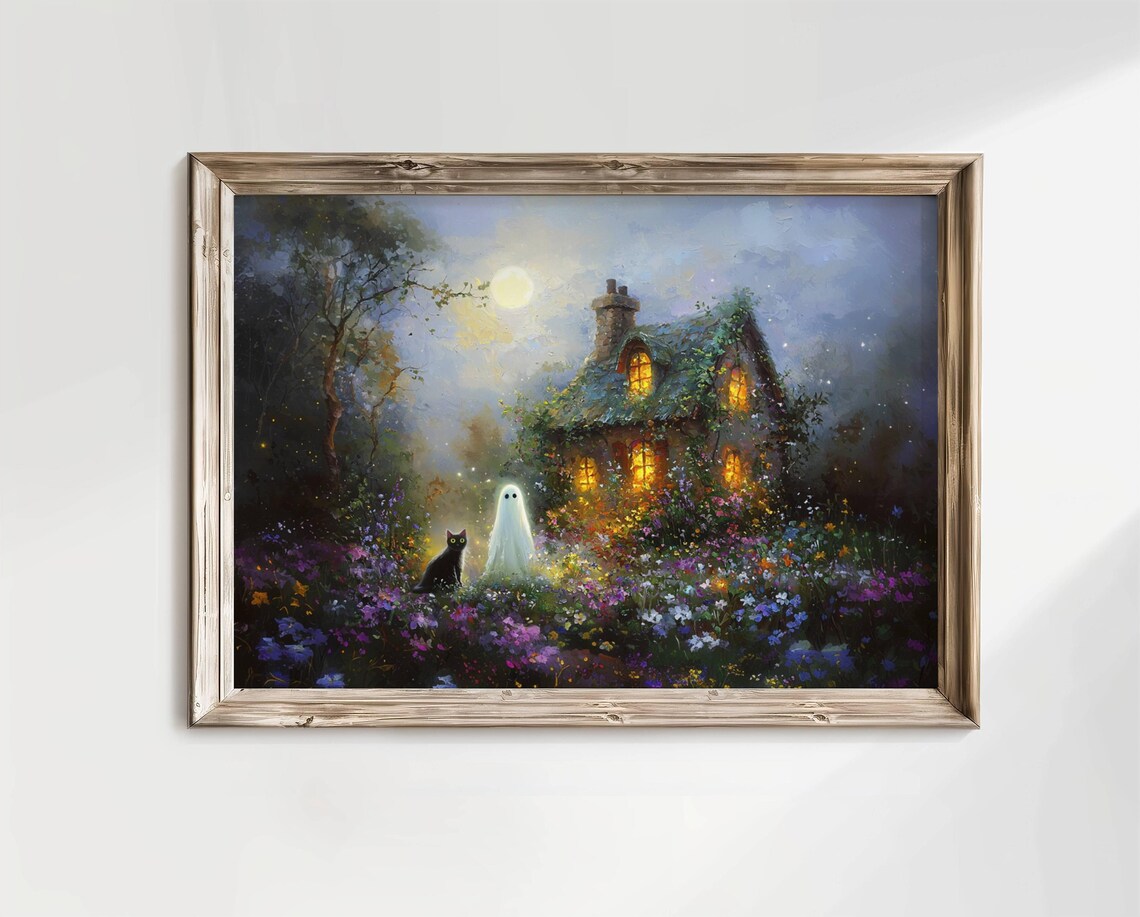 Black Cat and Ghost Cottage, Whimsigoth Art Print - Image 5