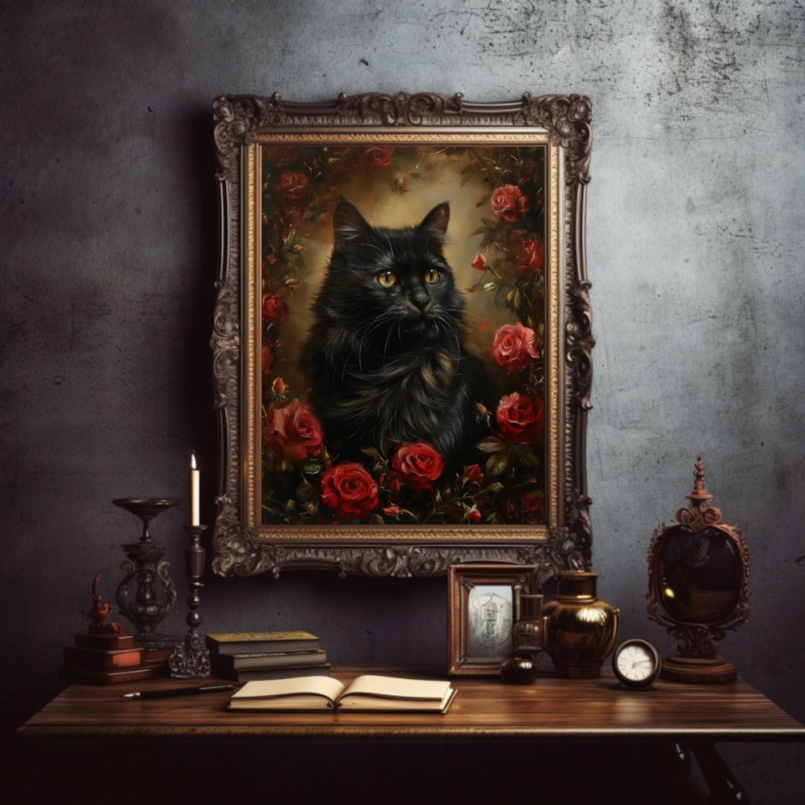 Long Haired Black Cat Portrait Surrounded By Red Roses Oil Poster - Image 3