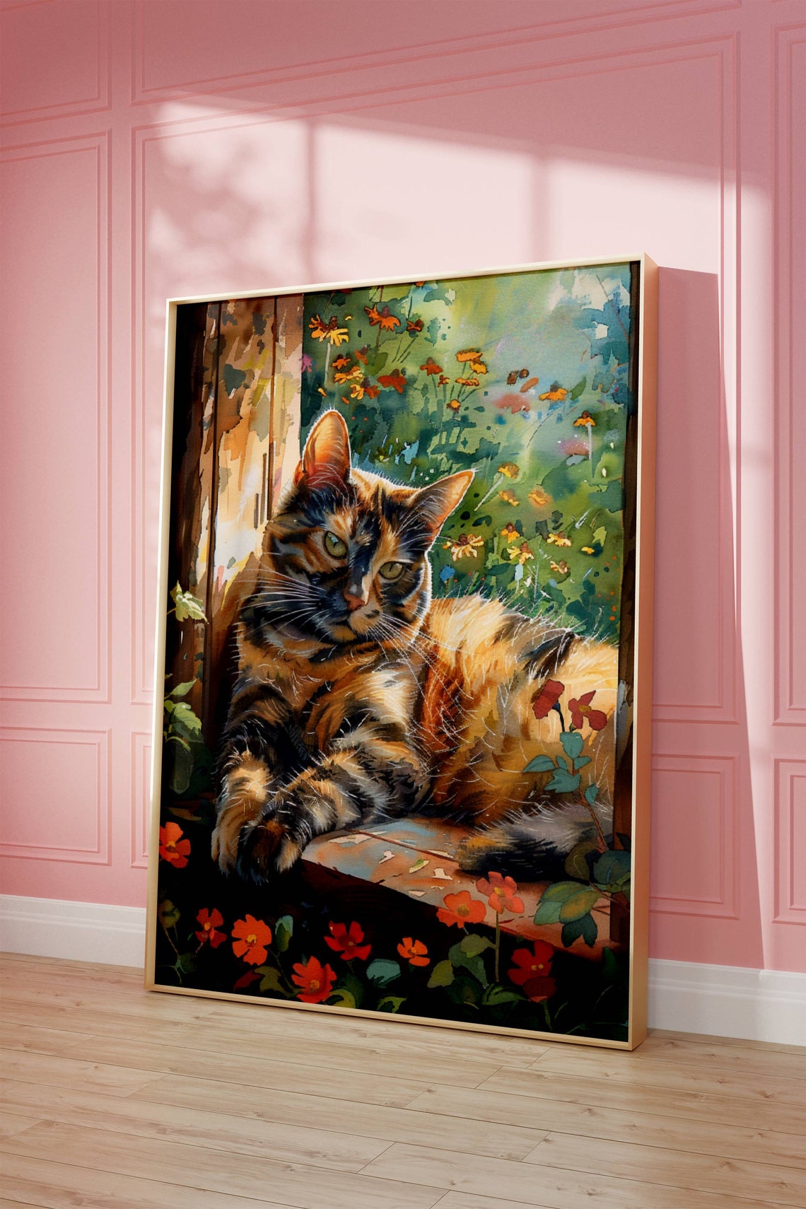 Tortoiseshell Cat Lounging In A Sunlit Cottage Flower Garden Poster - Image 4