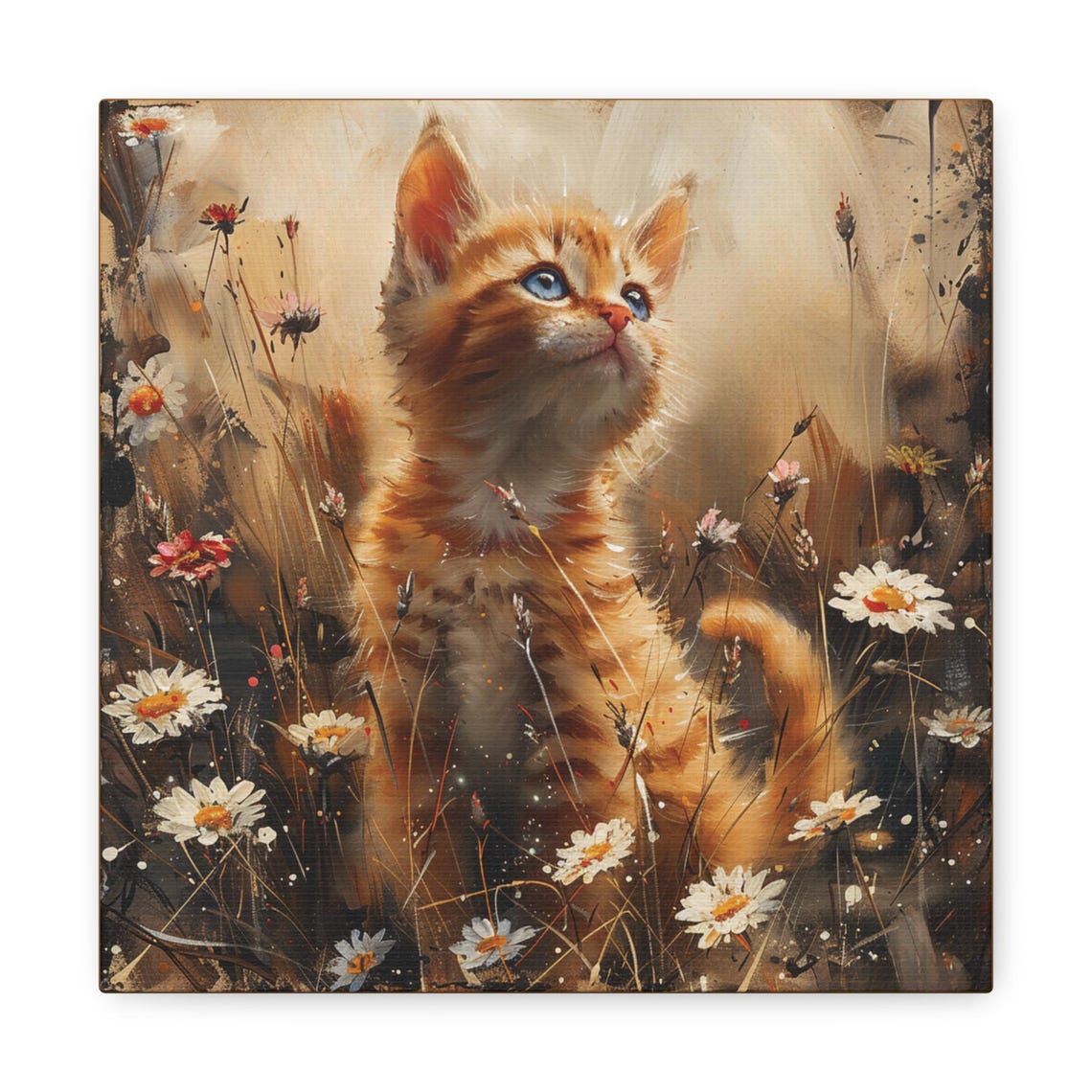 Orange Kitten Looking Up in a Daisy Wildflower Meadow Poster - Image 5
