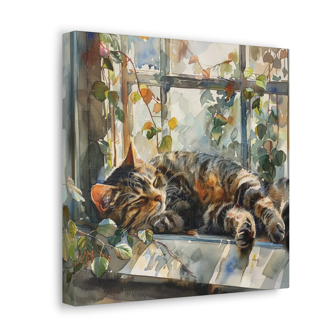 Tabby Cat Napping on a Sunny Window Sill With Green Ivy Poster - Image 3