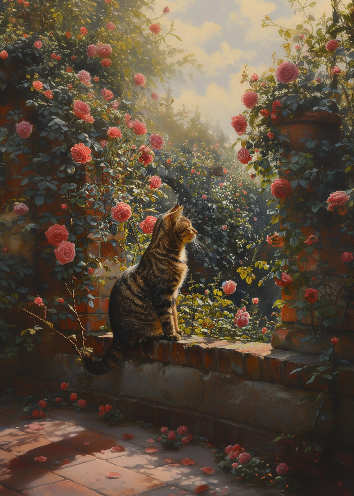 Tabby Cat on Brick Garden Wall Among Roses Golden Light Painting Poster - Image 3
