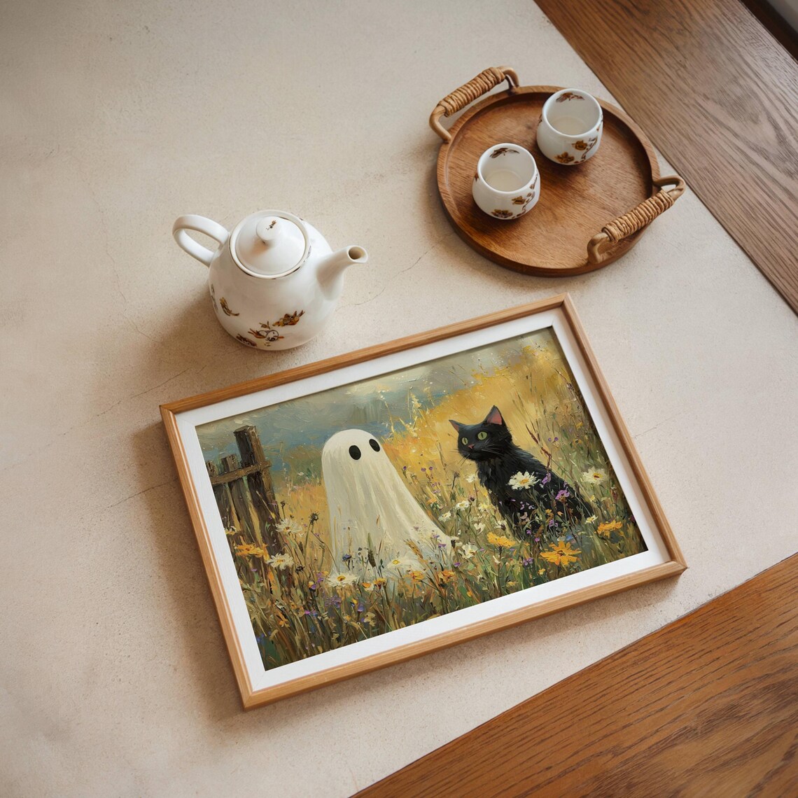 Ghost and Black Cat in Wildflowers Halloween Art Print - Image 5