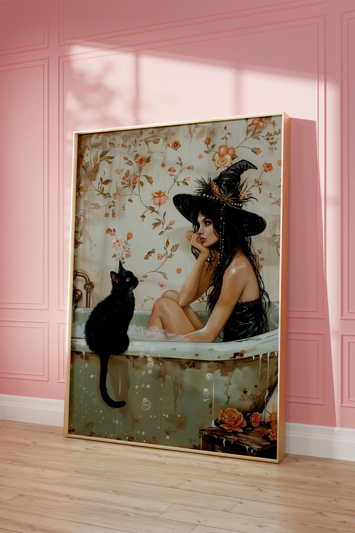 Pensive Witch Bathing In A Tub With A Black Cat Light Art Poster - Image 3