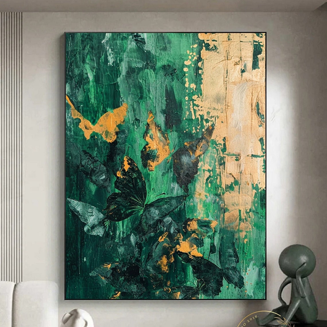 Large Green Wall Art Original Green Abstract Painting Butterfly Abstract Art Gold Texture Painting Modern Butterfly Painting Gold Art - Image 5