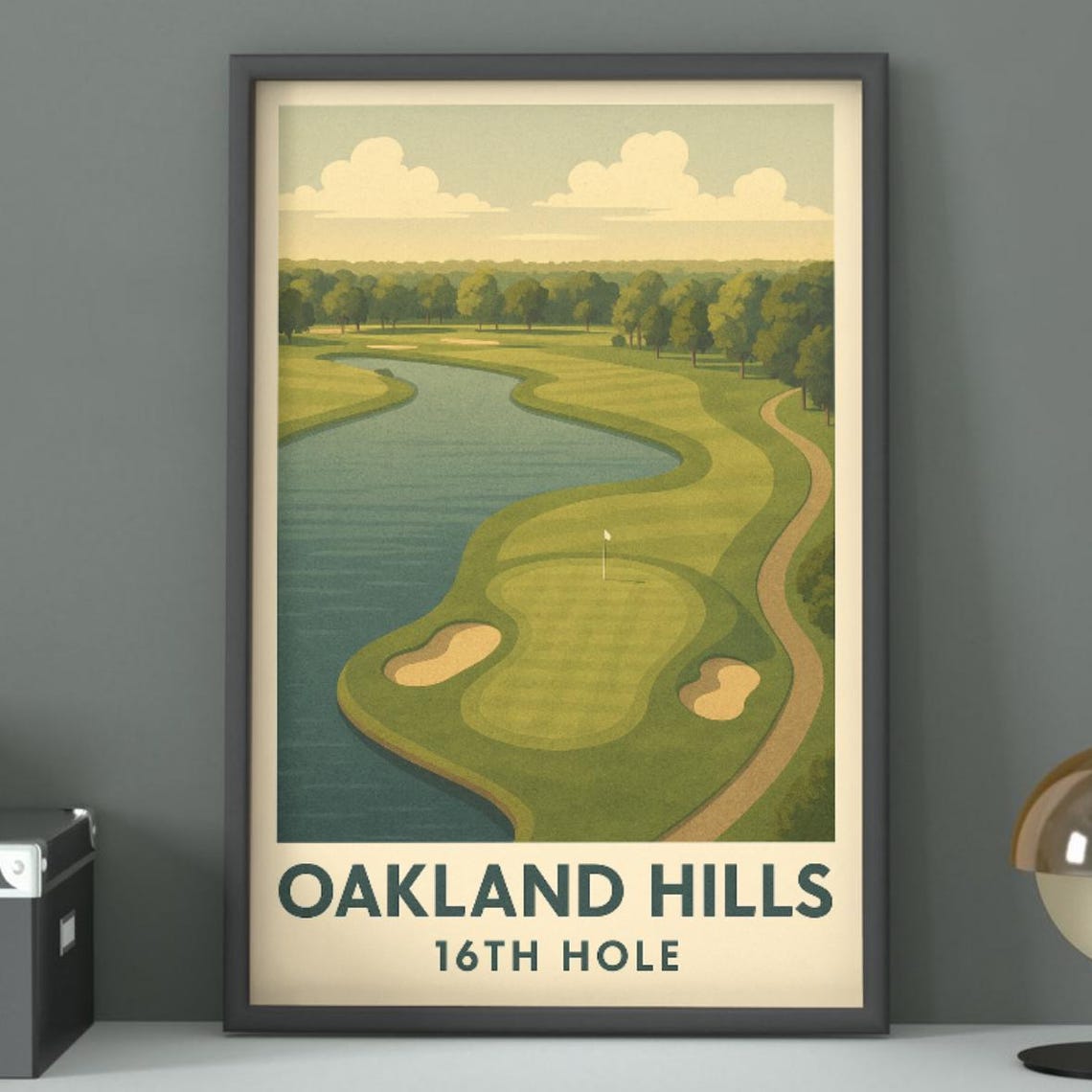 Oakland Hills 16th Hole Lake Bunkers Vintage Golf Travel Poster