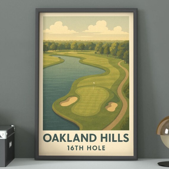 Oakland Hills 16th Hole Lake Bunkers Vintage Golf Travel Poster