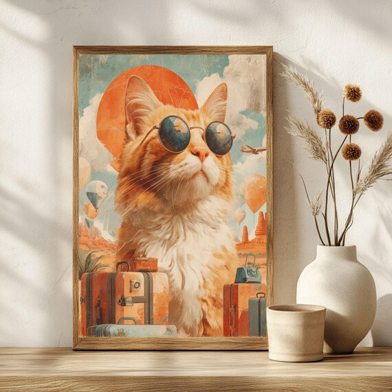 Retro Surreal Travel Cat Round Sunglasses Hot Air Balloons Poster